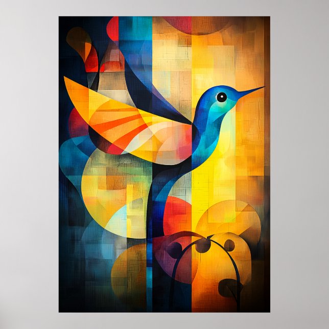 Poster Arte Abstrata de Beija-flor - Pássaro Geométrico (Frente)
