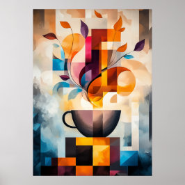 Poster Arte Abstrata de Café - Xícara Geométrica e Vapor