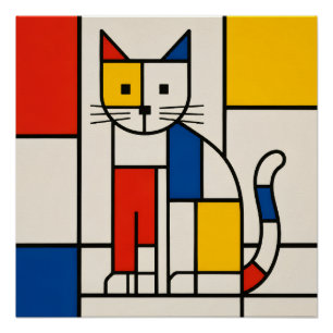 Pôster Arte Abstrata de Gato Geométrico Estilo Mondrian P
