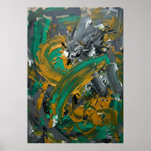 Poster Arte Abstrata de Pincelada Verde e Mostarda