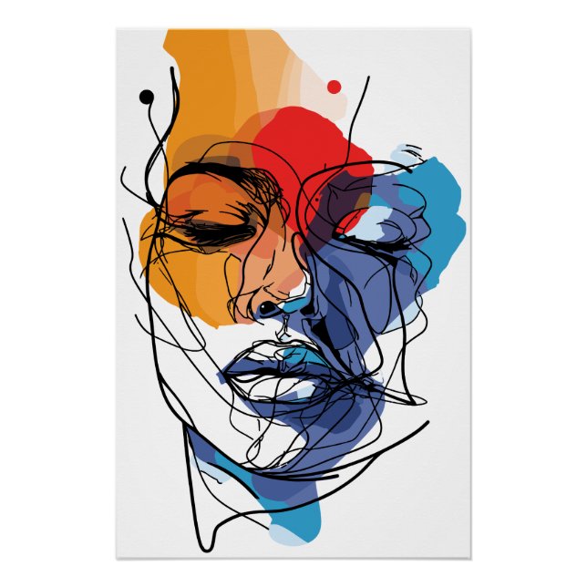 Pôster Arte Abstrata de Rosto com Linhas Fluidas (Frente)