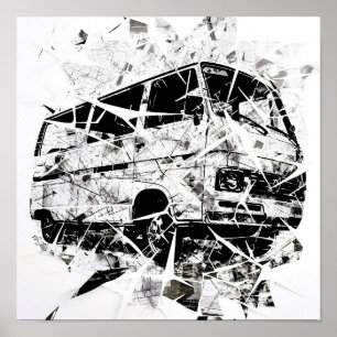 Poster Arte Abstrata de Rua Urbana com Van Vintage Quebra