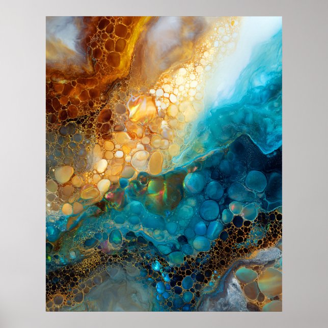 Poster Arte Abstrata Fluida Azul e Dourada (Frente)