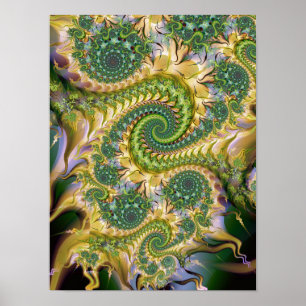 Poster Arte Abstrata Fractal Espiral de Musgo Dourado