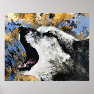 POSTER ARTE ABSTRATA LOBO VIDA SELVAGEM AZUL OURO