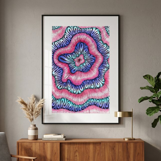 Poster Arte abstrata psicodélica em rosa e azul com linha (Criador carregado)