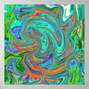 Poster Arte Abstrata Retro Groovy em Aqua, Laranja e Verd