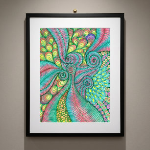 Poster Arte Abstrata Vibrante de Redemoinho Rosa Azul Tur