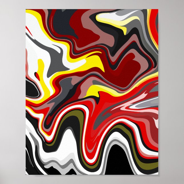 Poster Arte Abstrato de Fiery com vermelho, amarelo e pre (Frente)