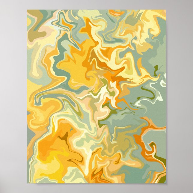 Poster Arte Abstrato de Fluidos Amarelo, Laranja e Verde (Frente)