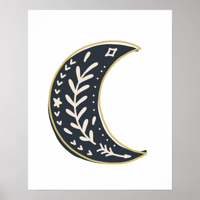 Poster Arte-Abstrato de-lua floral Dourada negra (Frente)