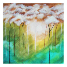 Arte abstrato Paisagem, Árvores Magras, Teal, Dour