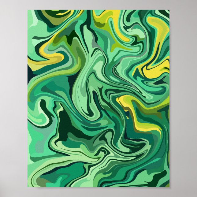 Poster Arte abstrato Verde Fluida com Acentos Amarelos (Frente)