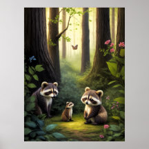 Arte AI da Família Woodland Forest Animais Raccoon