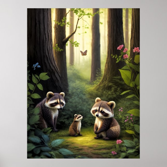 Poster Arte AI da Família Woodland Forest Animais Raccoon (Frente)