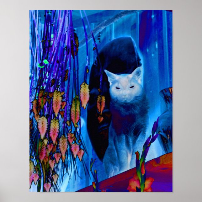 Poster Arte Animal de Abstrato de Gato Elétrico Azul Siam (Frente)