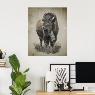 Poster Arte Animal de Bisonte Búfalo com Visual Vintage e