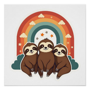 Pôster Arte Animal Fofa Retro Arco-íris Preguiça Vintage