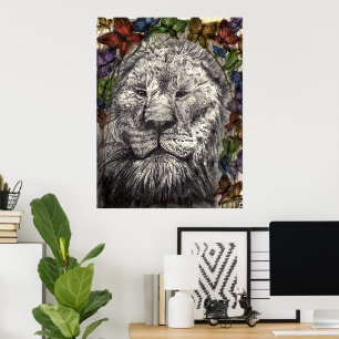 Pôster Arte Animal Leão Borboletas Asas Sob as Minhas Asa