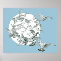 Arte Antiga Arte Nova Rebanho de Pássaros com Lua 
