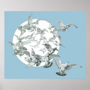 Pôster Arte Antiga Arte Nova Rebanho de Pássaros com Lua 
