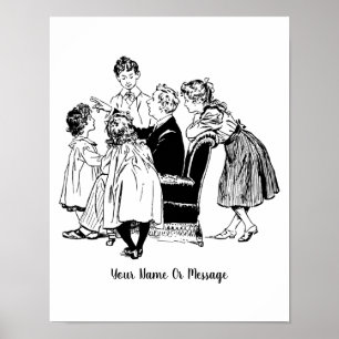 Poster Arte Antiga Pai Contando uma História para Criança