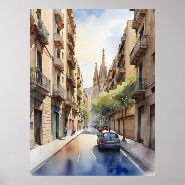 Poster Arte aquarela de Barcelona (Frente)