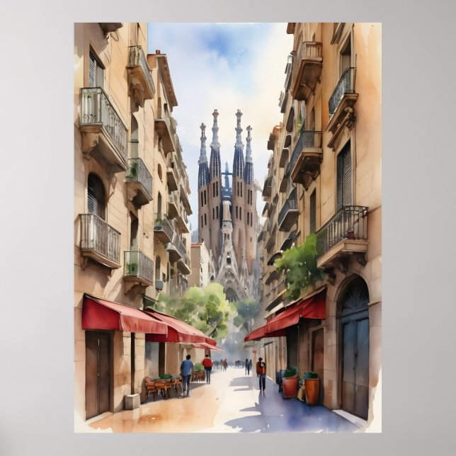 Poster Arte aquarela de Barcelona (Frente)