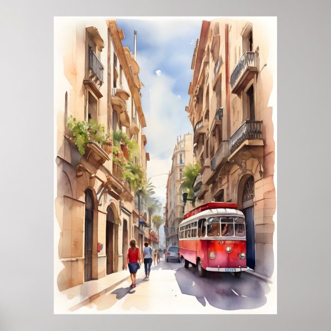 Poster Arte aquarela de Barcelona (Frente)