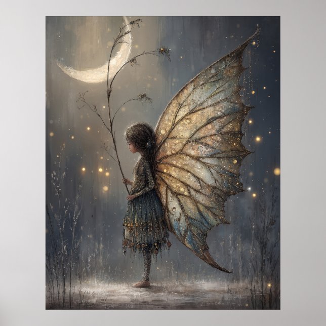 Poster Arte Aquarela de Fada Encantada da Floresta ao Lua (Frente)