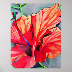Pôster Arte aquarela de flor tropical Red Hibiscus