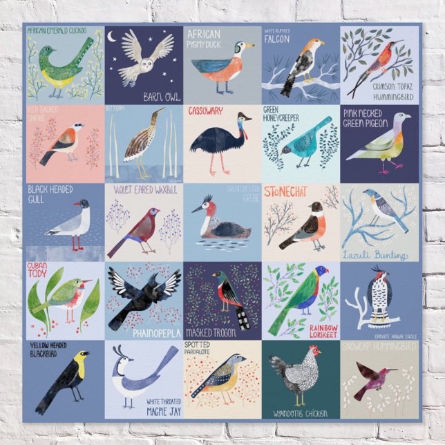 Pôster Arte Aquarela de Pássaros ao Redor do Mundo (Birds Around the World fun and quirky watercolor bird art with hand lettered names poster)