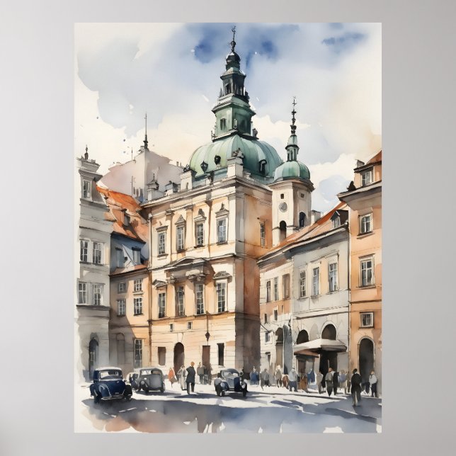 Poster Arte aquarela de Varsóvia (Frente)