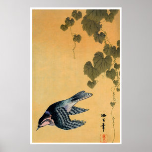 Poster Arte Asiática Vintage de Pássaros em Xilogravura J