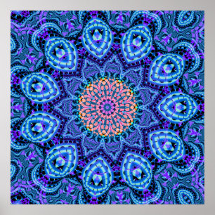 Pôster Arte azul ornamentado do caleidoscópio das