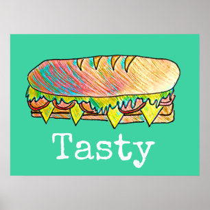 Poster Arte bonito da comida do sanduíche secundário