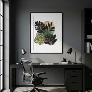 Poster Arte Botânica Abstrata Moderna Folha Preta e Doura