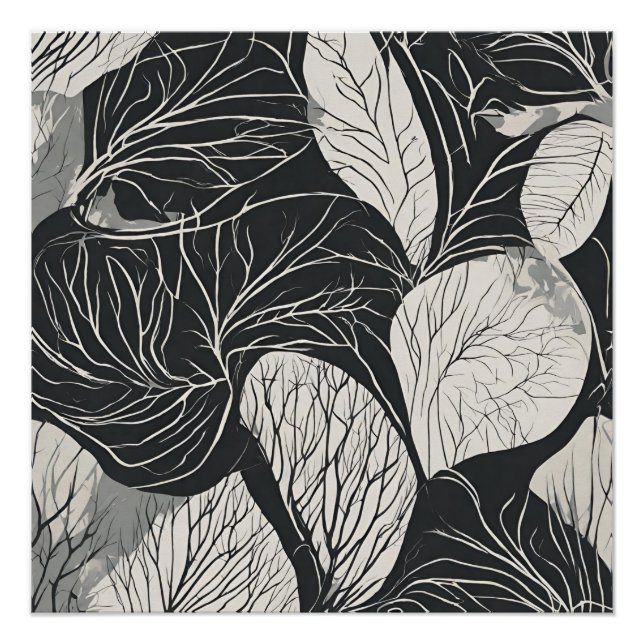 Pôster Arte Botânica de Folhas em Preto e Branco (Frente)