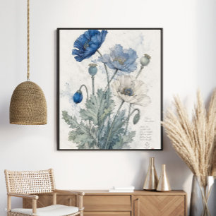 Poster Arte Botânica de Papoulas Azuis Elegantes