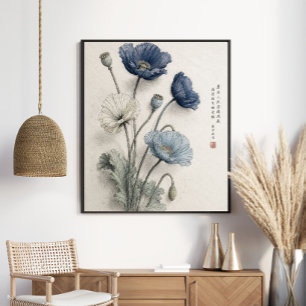 Poster Arte Botânica de Papoulas Azuis Elegantes