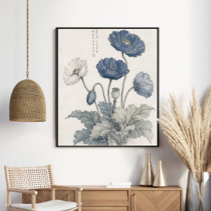 Poster Arte Botânica de Papoulas Azuis Elegantes
