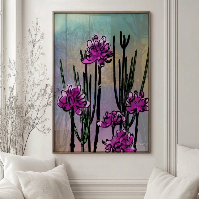 Poster Arte Botânica de Parede Impressa Desert Blooms (Contemporary botanical wall art featuring vibrant desert blooms in expressive watercolor and ink.)
