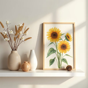 Poster Arte Botânica em Aquarela de Girassóis Dourados pa