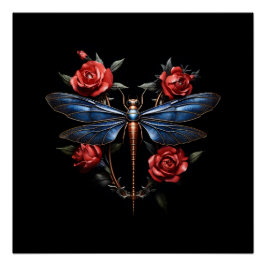 Pôster Arte cativante: Dragonfly Metálica com Rosas verme