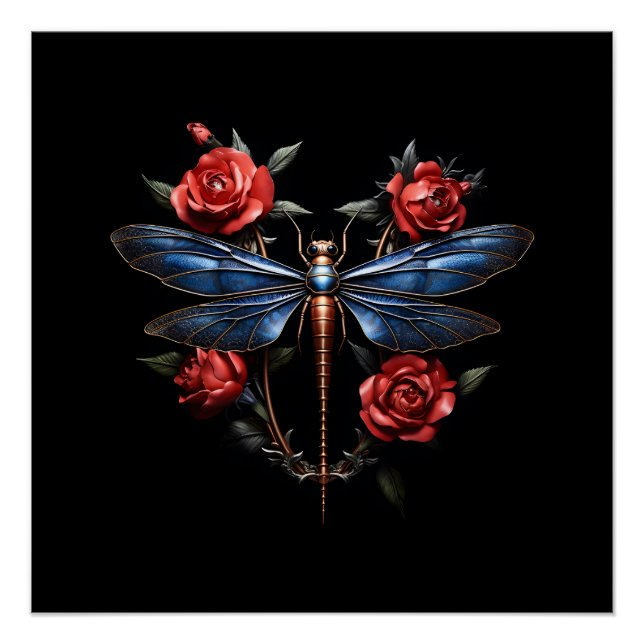 Pôster Arte cativante: Dragonfly Metálica com Rosas verme (Frente)