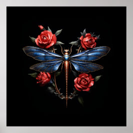 Poster Arte cativante: Dragonfly Metálica com Rosas verme