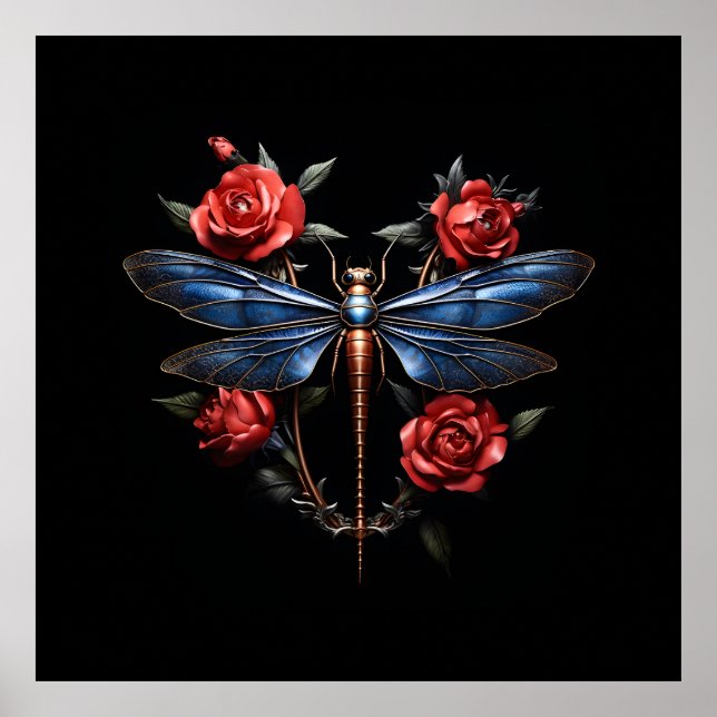 Poster Arte cativante: Dragonfly Metálica com Rosas verme (Frente)