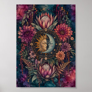 Poster Arte Celestial Whimsigoth do Sol e da Lua Floral