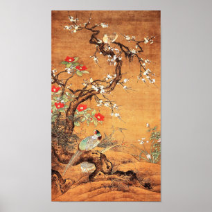 Poster Arte chinesa oriental de faasant e camellia