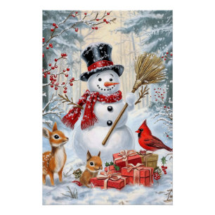 Pôster Arte Clássica de Snowman e Woodland Amigos de Nata